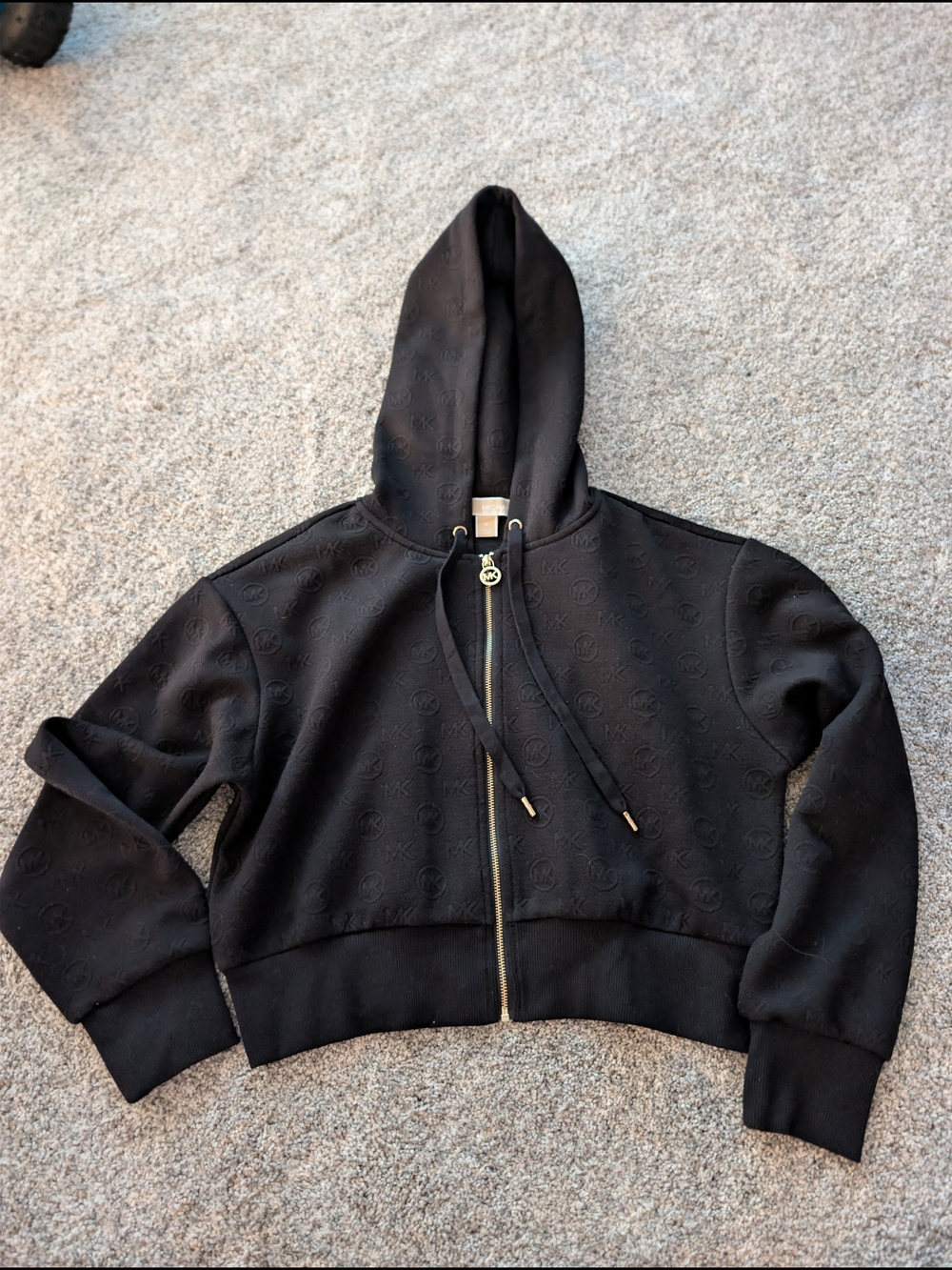 NWOT Michael Kors Logo Jacquard Cropped Zip-Up Hoodie Medium Black